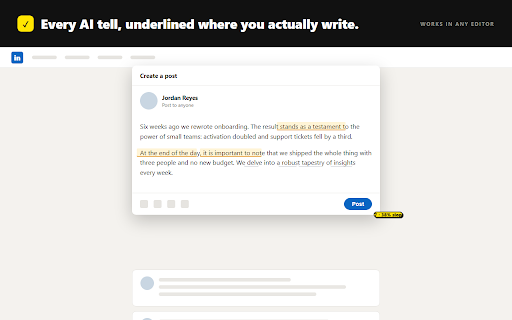 RemoveAISlop: Real-Time AI Slop Detector :: Underlines AI clichés, spelling and grammar in any editor. Unlimited checking, all in your browser; 5 rewrites a day.