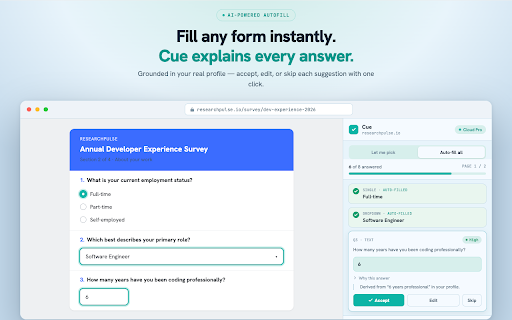 Cue — Survey & Quiz Autofill :: Auto-fills online surveys, quizzes, and forms with AI — you review and submit.