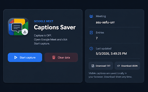 Meet Captions Saver :: Capture Google Meet live captions and download them after the meeting.