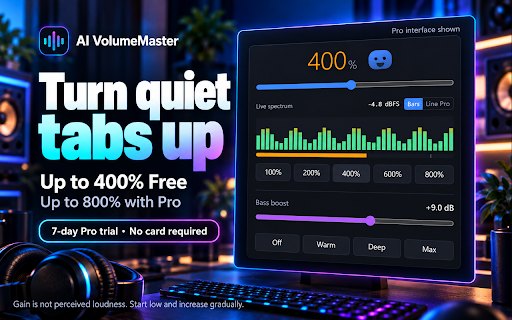 AI VolumeMaster — 800% Volume Booster & Bass :: Boost quiet tabs to 800%, add bass, tune a 10-band EQ, change voices and record. Runs locally. 7-day Pro trial, no card.