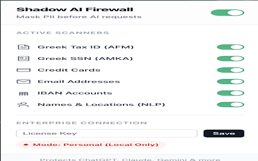 Shadow AI Firewall :: Prevent data leakage by masking PII and financial data in AI platforms before requests leave the browser.