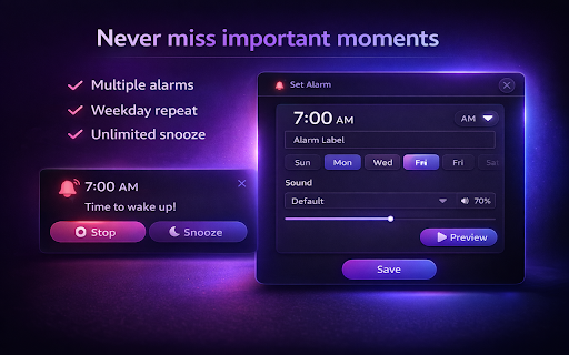 Alarm, Timer & Stopwatch for Browser :: Multiple alarms, timer and stopwatch with weekday repeat, snooze and sound alerts — all in one browser extension.