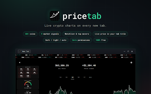 PriceTab - Crypto Charts on Every New Tab :: Every new tab opens a live crypto chart. Watch your coins, spot the top movers, and read 9 market signals. Free, no account.