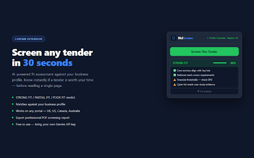 BidScreen :: AI-powered tender screening for bid writers. Screen tenders in 30 seconds against your profile. UK, US, Canada and Australia.