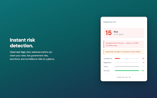 Clearmark :: Clearmark runs a background check on every website you visit. See trust scores, country bans, ownership risks, and hidden red flags.