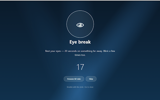 DeskWell — Water, Eye Break & Posture Reminders :: Immersive eye breaks (20-20-20), water reminders and desk stretches — with calming full-screen break animations.
