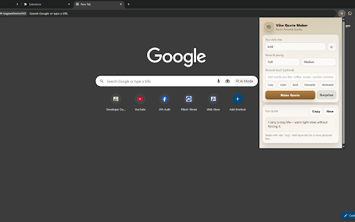 Rustic Vibe Quote Maker :: Generate personal vibe quotes from your chosen style in a rustic, minimal popup.