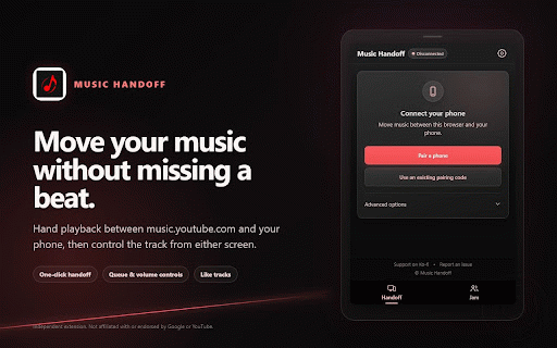 Music Handoff :: Hand off playback between music.youtube.com and the YouTube Music app on your phone.