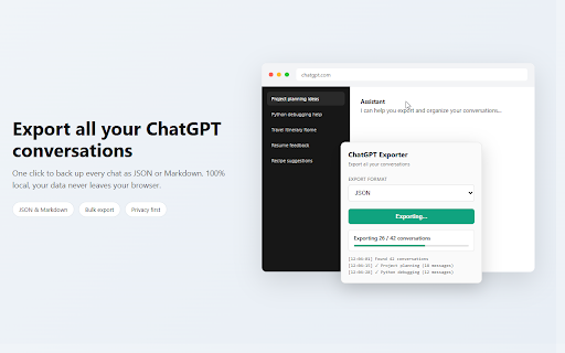 ChatGPT Power Exporter :: Export ChatGPT chats to HTML, JSON or Markdown. Fast bulk export from your session. Not uploaded to our servers.