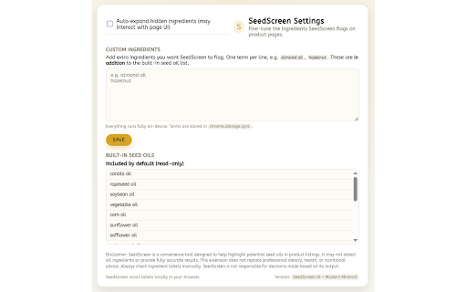 SeedScreen :: On-device flagged ingredient detector for product pages and pasted ingredient lists.