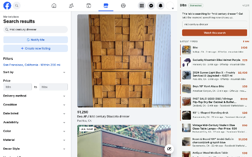 Dibs — Marketplace Alerts :: New listing alerts for Marketplace, Craigslist and OfferUp: push, Telegram, Discord, email or webhook. Runs in your own browser.