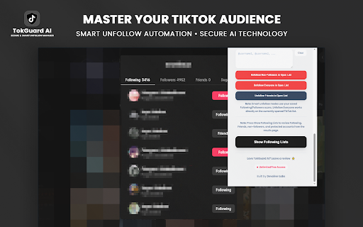 TokGuard AI for TikTok - Smart Unfollow Manager :: Secure & smart TikTok tool to analyze followers, track unfollowers automatically, and clean your profile with TokGuard AI.