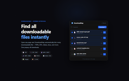 DownloadMap — Find Downloadable Files on the Page :: Scan any page for downloadable files — PDFs, ZIPs, videos and more. Select what you need and save it all at once.
