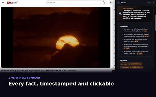 Resumio — YouTube Video Summaries :: Verifiable video summaries with clickable timestamps. YouTube and Wistia on any site — analyze in one click.