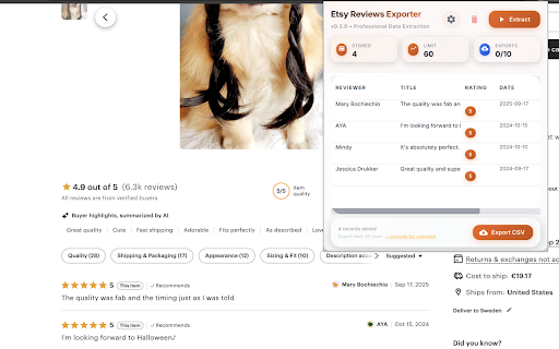 Etsy Reviews Exporter :: Extract reviews from Etsy product pages and export to CSV, XLSX, or JSON.