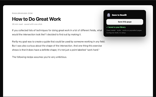 Readit - Save to Library :: One-click save the current tab to your Readit library. Captures the page from your browser, so paywalled sites just work.
