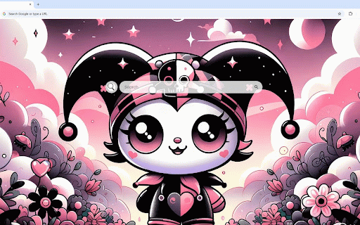 Kuromi Skull Live Wallpaper :: Chibi Kuromi with skull cap and heart outfit against mystical pink galaxy with moons and flowers.