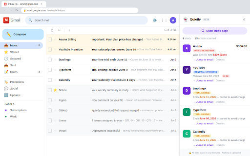 Quietly :: Watches Gmail for trial endings, price increases, and renewal warnings — privately, in your browser.