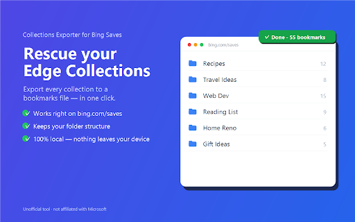 Collections Exporter for Bing Saves :: Export your Bing Saves / Edge Collections to an importable bookmarks file. Not affiliated with Microsoft.