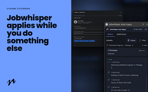 Jobwhisper Auto Apply :: Auto-apply to jobs on LinkedIn, Indeed, Glassdoor and Workable from a side panel.