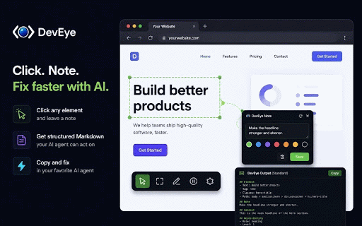 DevEye :: Click an element, leave a note, and copy structured Markdown feedback your AI coding agent can act on instantly.