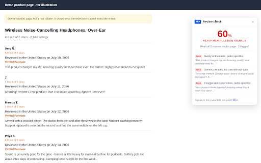 Prime Reviews Pro — Fake Review Checker :: Scores Amazon and Trustpilot reviews for authenticity signals while you shop. Free, no signup, and it says why each is flagged.