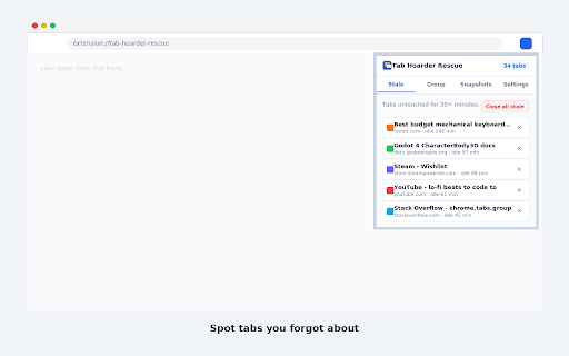 Tab Hoarder Rescue :: Tame tab overload: group tabs by site, spot ones you forgot about, and snapshot/restore whole sessions.