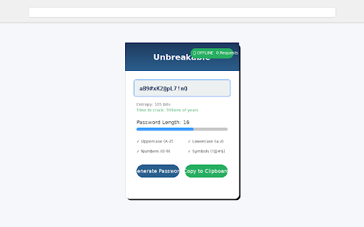 Unbreakable Password Generator :: 100% offline, cryptographically secure password generation. Zero network requests. Zero trust required.