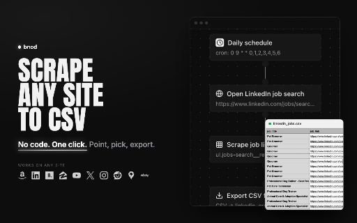 Bnod — Browser Workflow Automation :: Record, build, schedule, and run browser automations with a visual editor and optional AI.