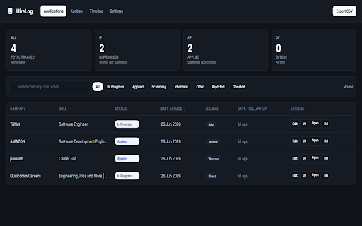 HireLog - Job Application Tracker :: Track job applications from career portals. One-click save with auto-fill, reminders, and Google Sheets sync.