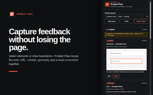 Product Pass :: Capture visual website feedback, organize it into issue drafts, and publish approved issues to GitHub.