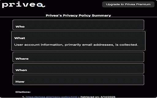 Privea :: An extension that summarizes privacy policies into 5 short bullet points.