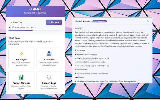 GistMail - Role-Specific Email Intelligence :: AI-powered email summaries tailored to your role - Executive, PM, Support, or Sales. See what matters in seconds.