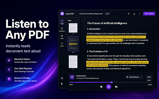 Read PDF Aloud: PDF Text to Speech & Voice Reader :: Listen to PDFs with natural text-to-speech. Highlights sentences & words as you read. Perfect for research papers and dyslexia.