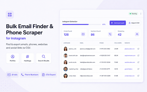 Bulk Email Finder & Phone Scraper for Instagram :: Find & export emails, phone numbers, websites and social profile links from Instagram profiles, hashtags, and search results to CSV.