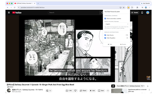 YouTube Focus & Learn - Dual Subtitles :: Hide YouTube Shorts & Playables, plus dual subtitles to learn a language while you watch. Focus + fluency, free.