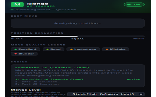 Mongo – Stockfish 18 Chess Coach :: Stockfish 18 chess coach. Reliable cloud engine, ELO-aware play, and a full post-match HTML review with a highlighted board.