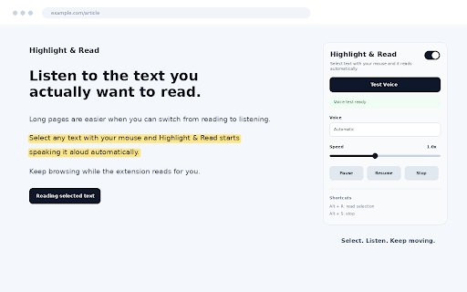 Highlight & Read: Text to Speech :: Select text on any webpage and hear it read aloud instantly with voice, speed, pause, resume, and stop controls.