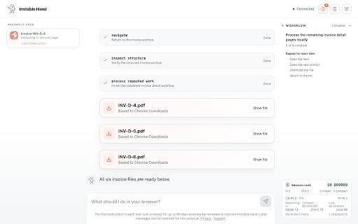 Invisible Hand – AI Browser Agent :: AI browser automation across your tabs: extract data from webpages, download files, and keep every action visible.