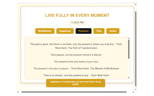Live Fully in Every Moment :: A extension offering 100 inspiring quotes about living fully in the present moment, with categorized navigation, a real-time clock
