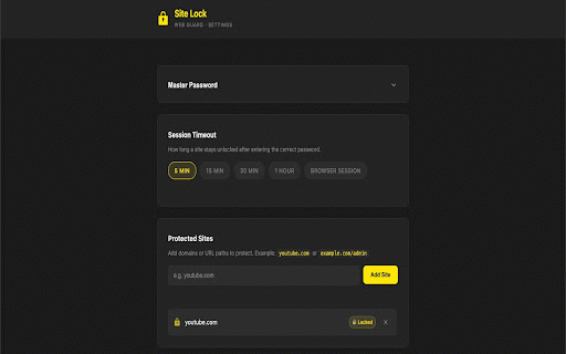 Site Lock: Web Guard :: Password-protect specific websites and URLs to control access and enhance privacy.
