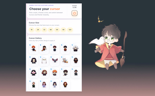 Harry Potter Cursor :: Harry Potter cursor for chrome. Choose your favorite Harry Potter cursor with this extension. Created for Harry Potter fans.