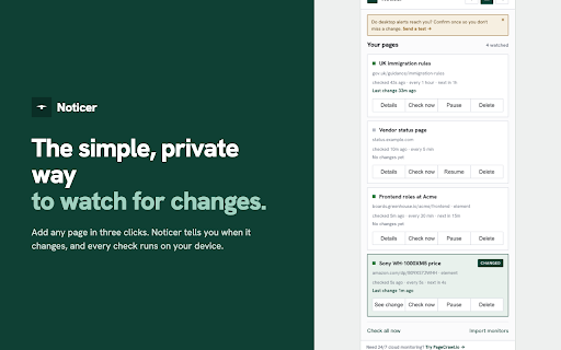 Website Change Monitor & Alerts - Noticer :: Watch any page for changes. Private on-device AI summarizes them and alerts you only when it matters. Free, runs on your device.