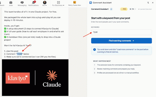 Comment Assistant :: Helps creators manage conversations and respond faster to engagement on their LinkedIn posts.