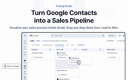 Sales CRM in Gmail and Google Workspace :: Turn Google Contacts into a simple sales CRM inside Gmail. Kanban pipelines, notes, tags & shared boards for individuals and teams.