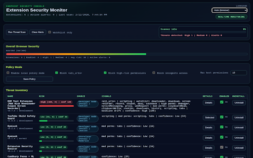 Extension Security Monitor :: Monitor installed browser extensions, score risk, and alert on permission changes.