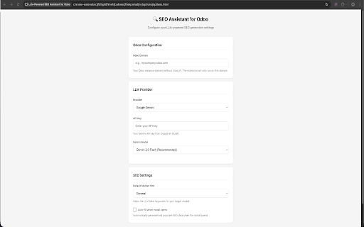 LLM-Powered SEO Assistant for Odoo :: AI-powered SEO keyword and metadata generation for Odoo e-commerce products