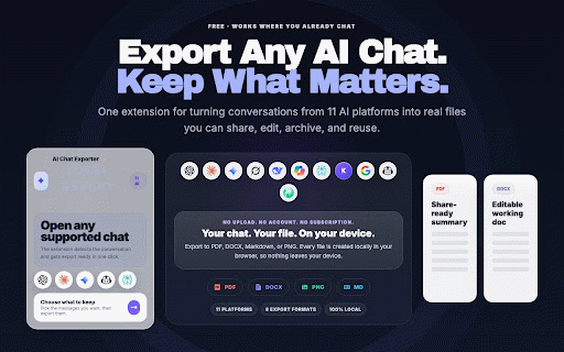 AI Chat Exporter & Sharer - PDF, DOCX & More :: Export AI chats to PDF, DOCX, Markdown, images, and JSON with local processing and message selection.