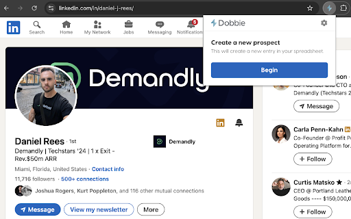 Dobbie :: Effortlessly gather LinkedIn data and organize it into spreadsheets with Dobbie. Perfect for securing warm introductions, Dobbie…