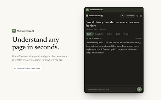 WebSummary AI :: A calm AI summary and reader mode in Chrome's side panel.